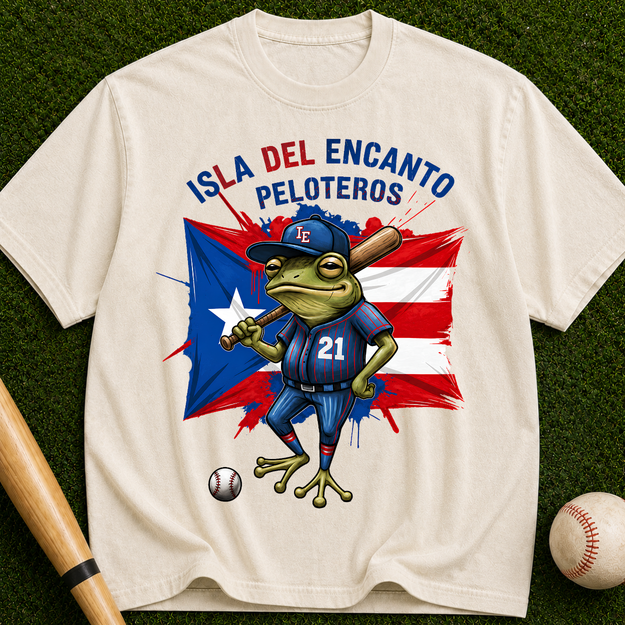 Peloteros Puerto Rico T-Shirt - Isla del Encanto Baseball Frog Design