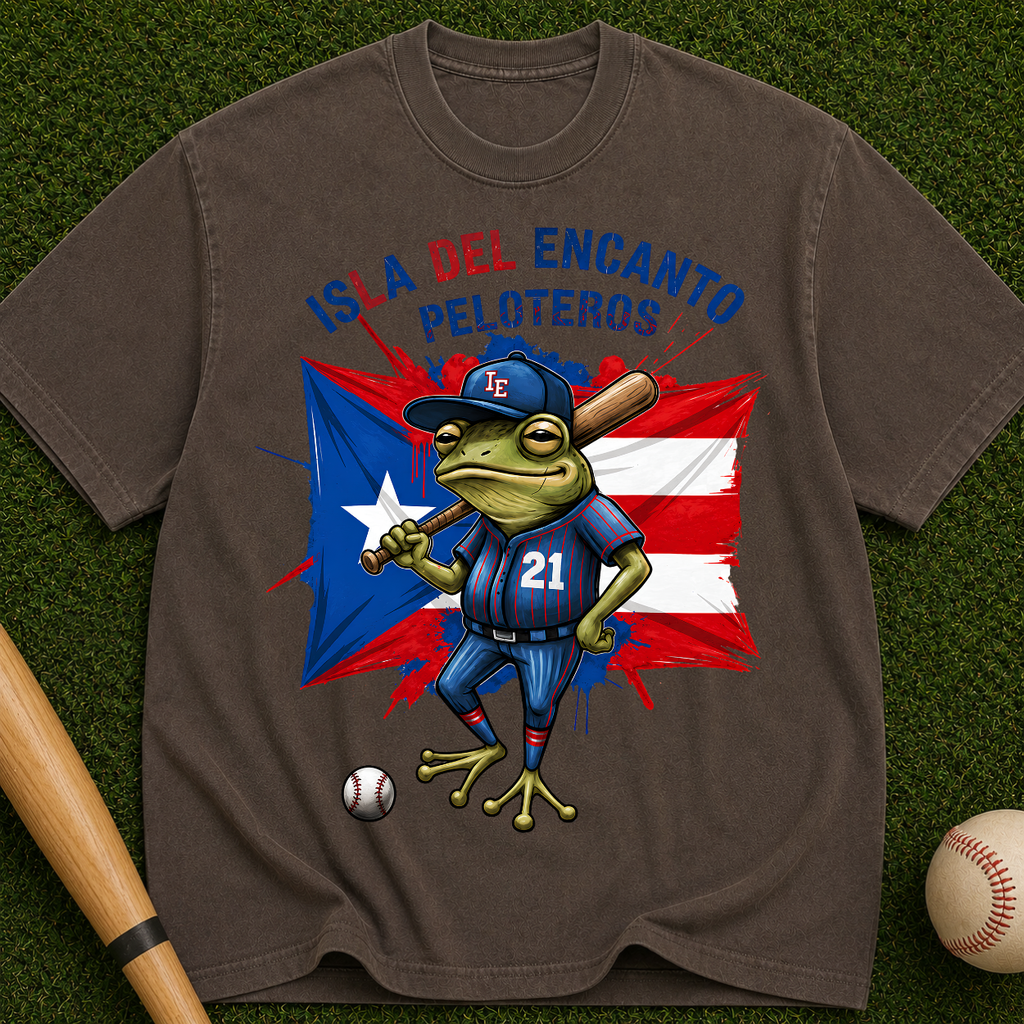 Peloteros Puerto Rico T-Shirt - Isla del Encanto Baseball Frog Design