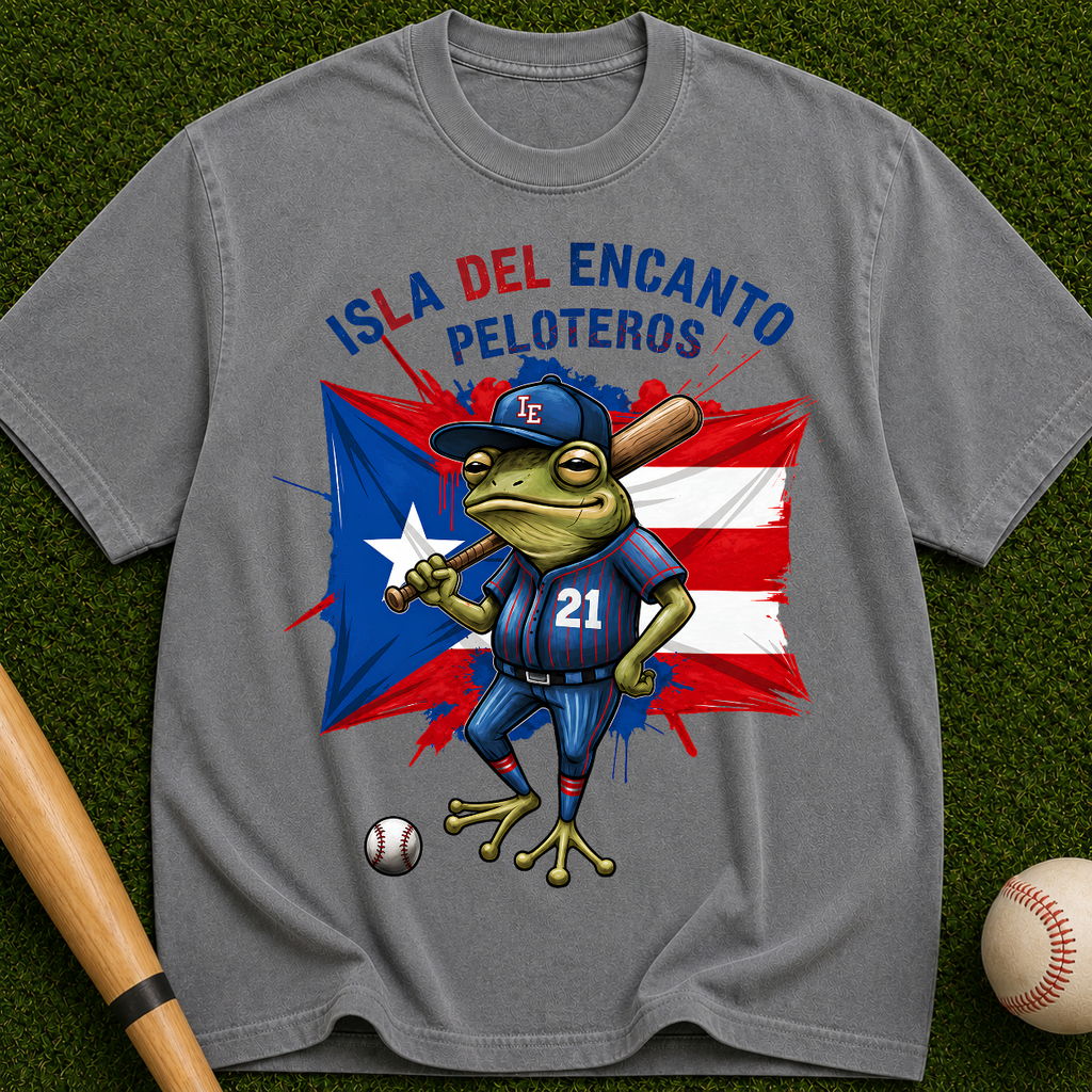 Peloteros Puerto Rico T-Shirt - Isla del Encanto Baseball Frog Design