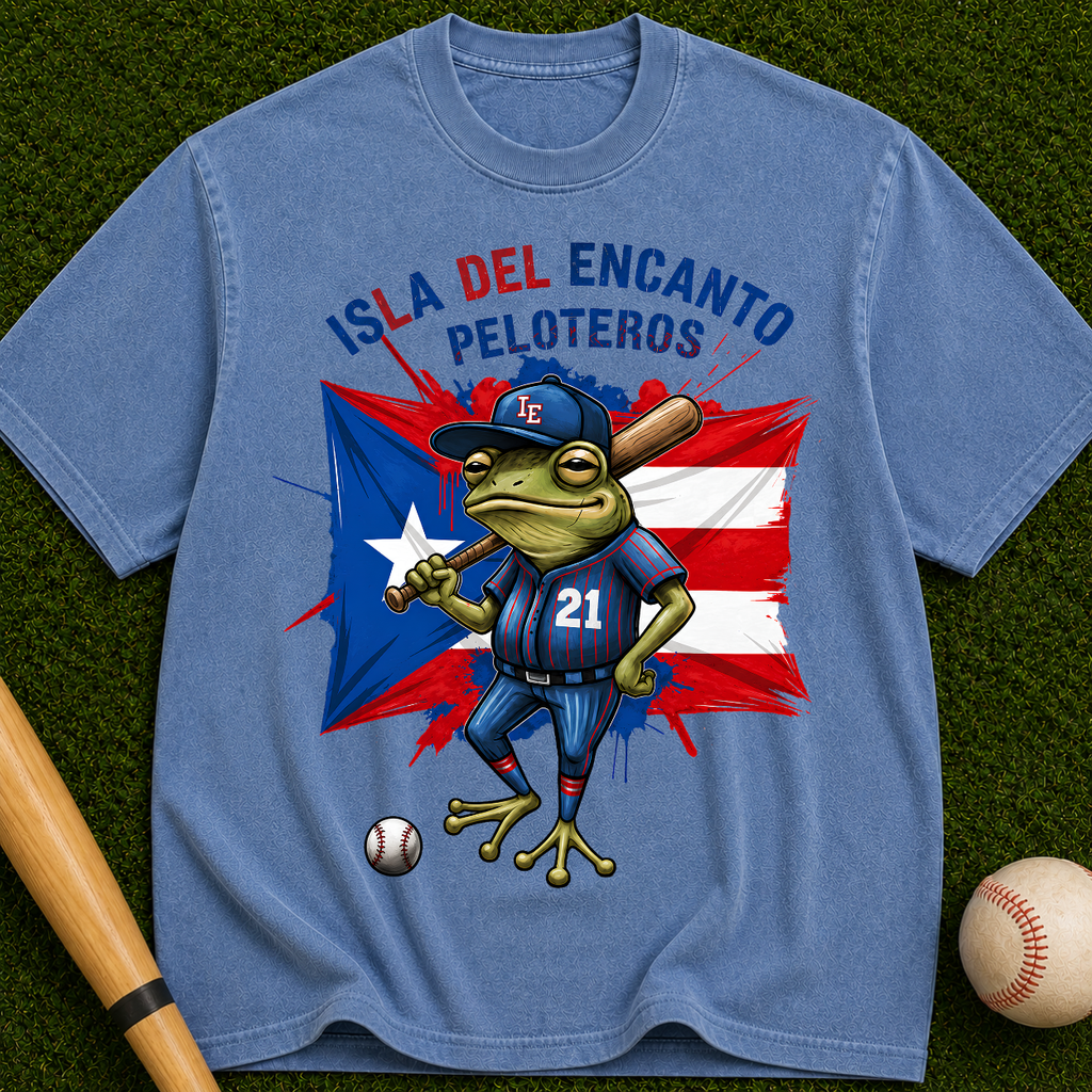 Peloteros Puerto Rico T-Shirt - Isla del Encanto Baseball Frog Design