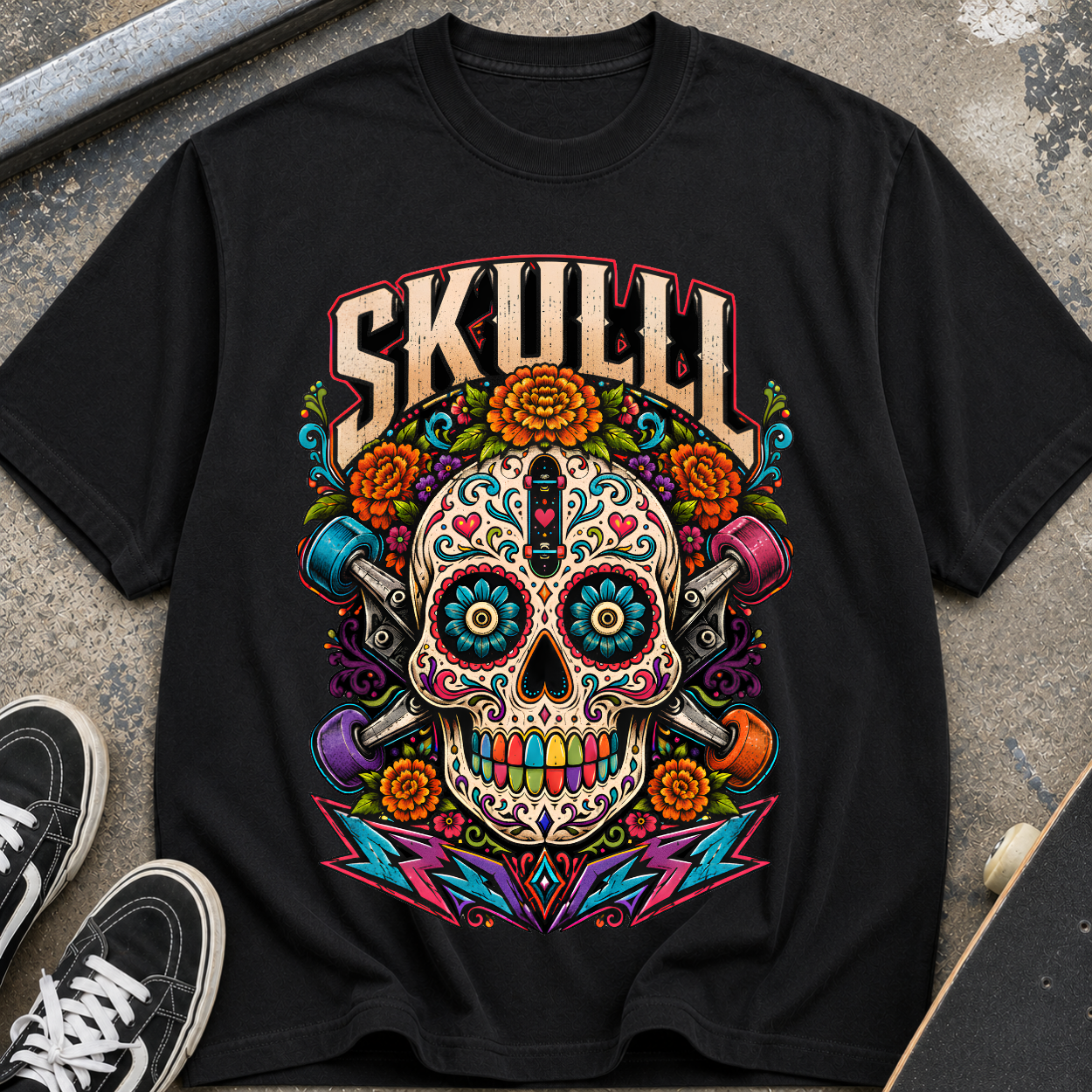 Skull T-Shirt — Colorful Day of the Dead Skull Graphic Tee