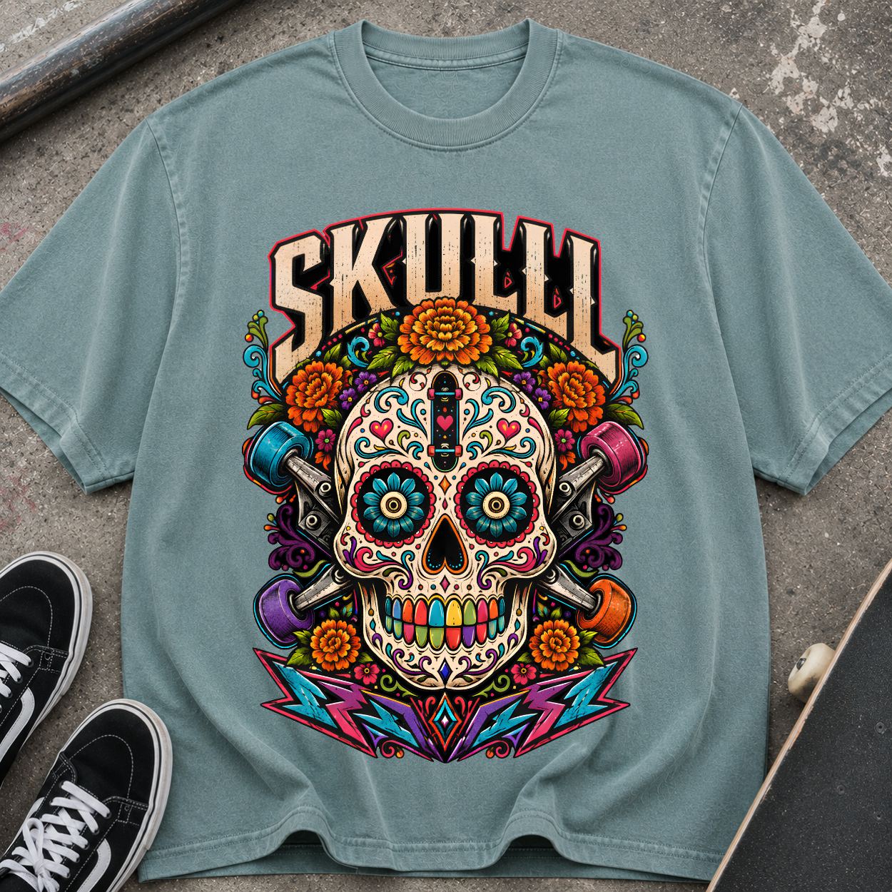 Skull T-Shirt — Colorful Day of the Dead Skull Graphic Tee