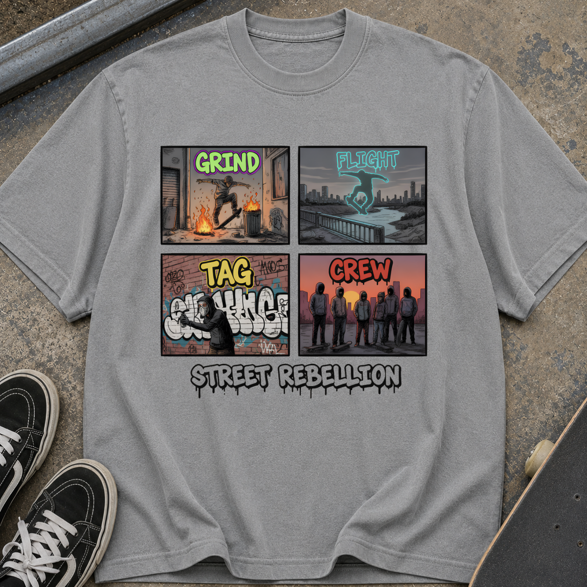 Street Rebellion T‑Shirt — "Grind Tag Crew" Urban Graffiti Tee
