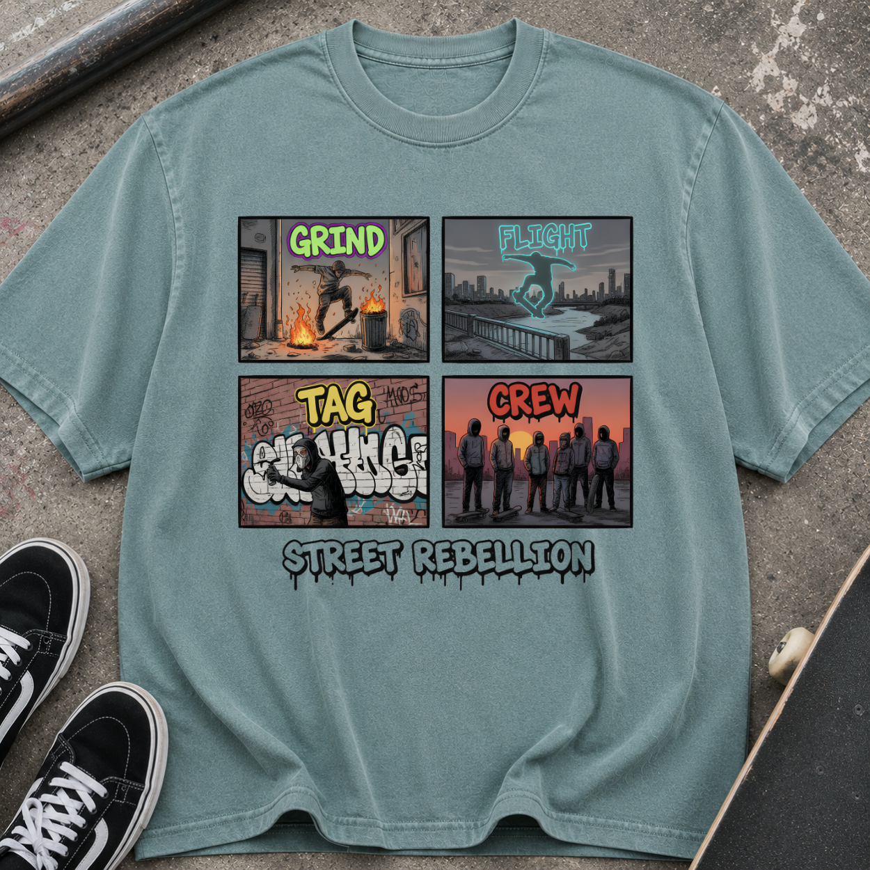 Street Rebellion T‑Shirt — "Grind Tag Crew" Urban Graffiti Tee