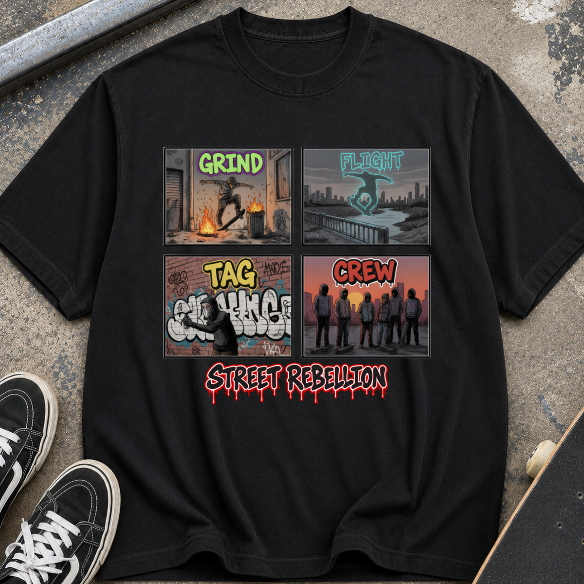 Street Rebellion T‑Shirt — "Grind Tag Crew" Urban Graffiti Tee