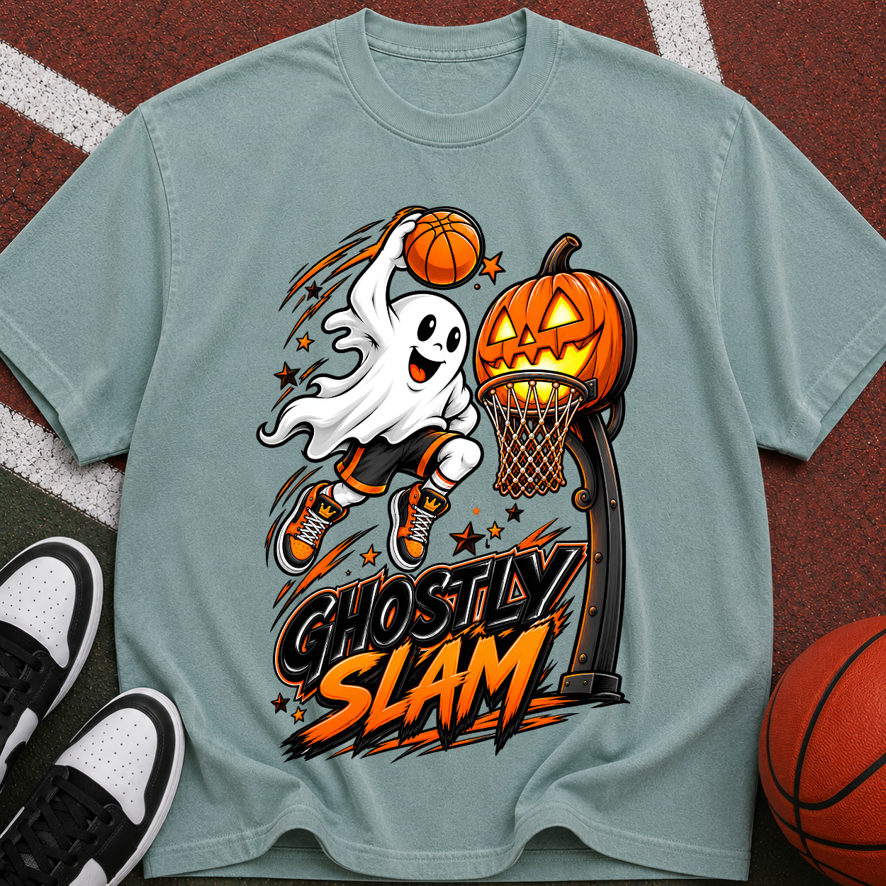Halloween Pumpkin Ghost Hoops Tee