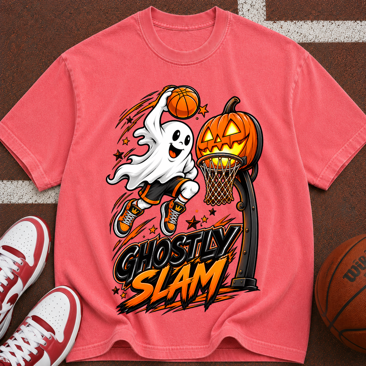 Halloween Pumpkin Ghost Hoops Tee