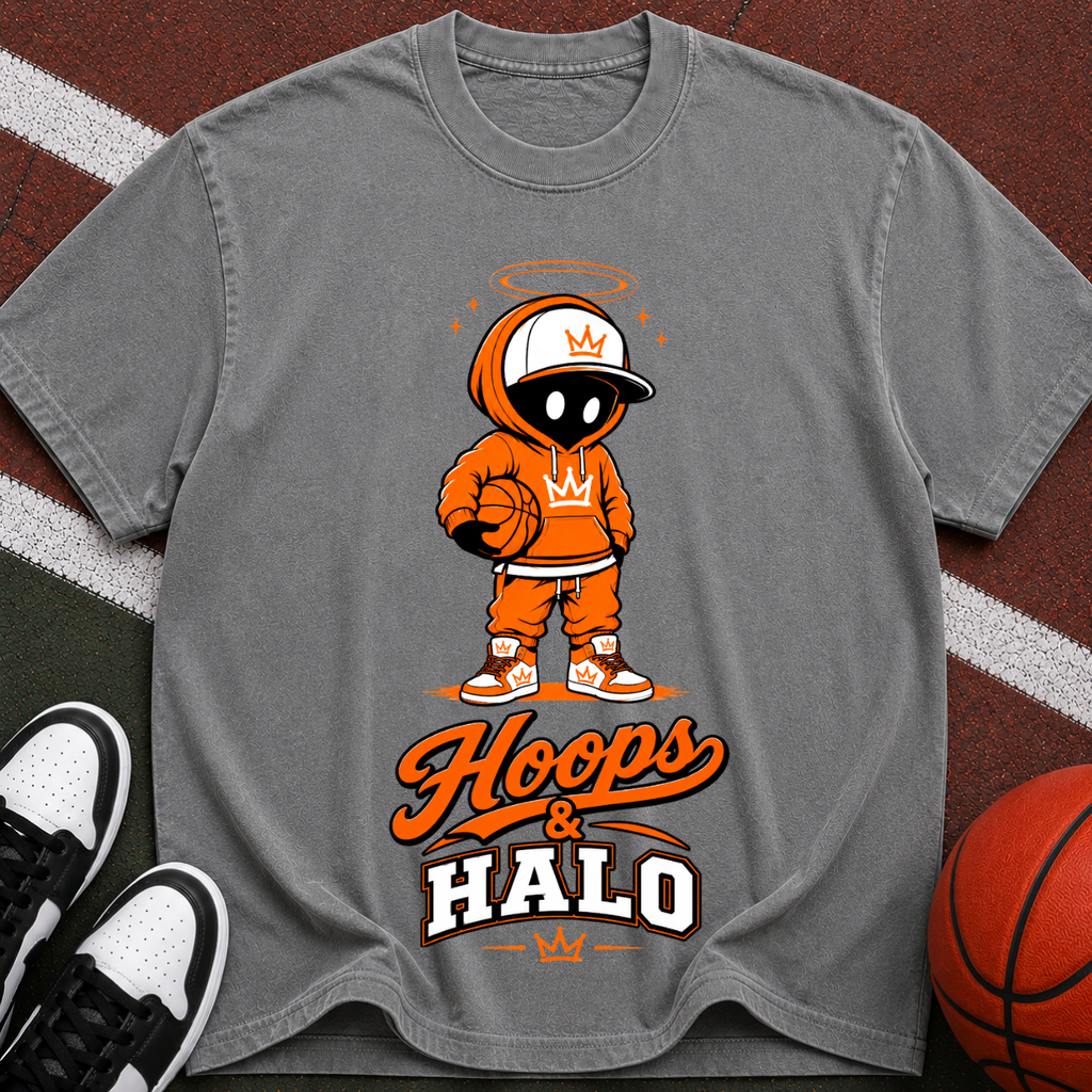 Hoops & Halo Basketball Crew T-Shirt — Retro Space Mascot Graphic