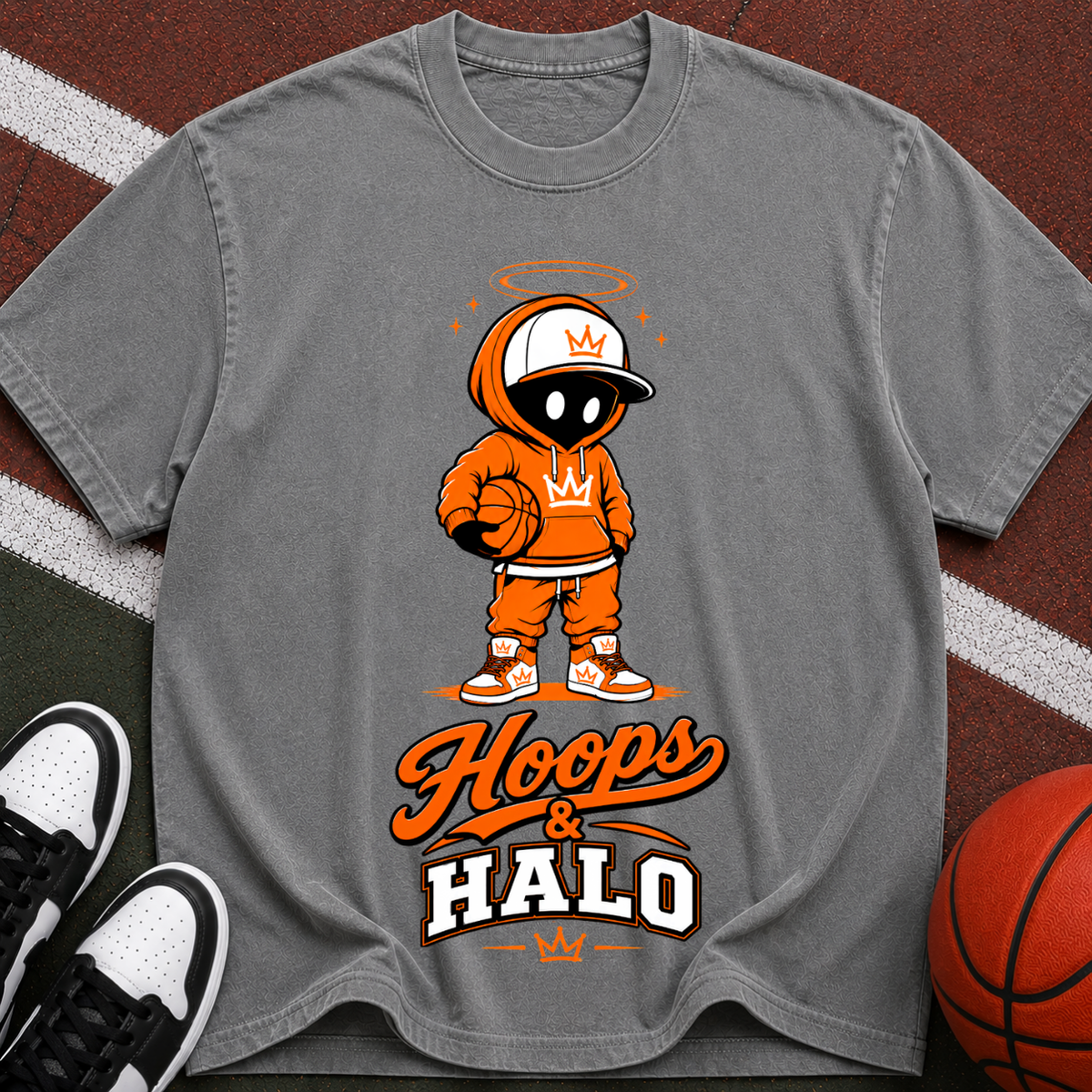 Hoops & Halo Basketball Crew T-Shirt — Retro Space Mascot Graphic