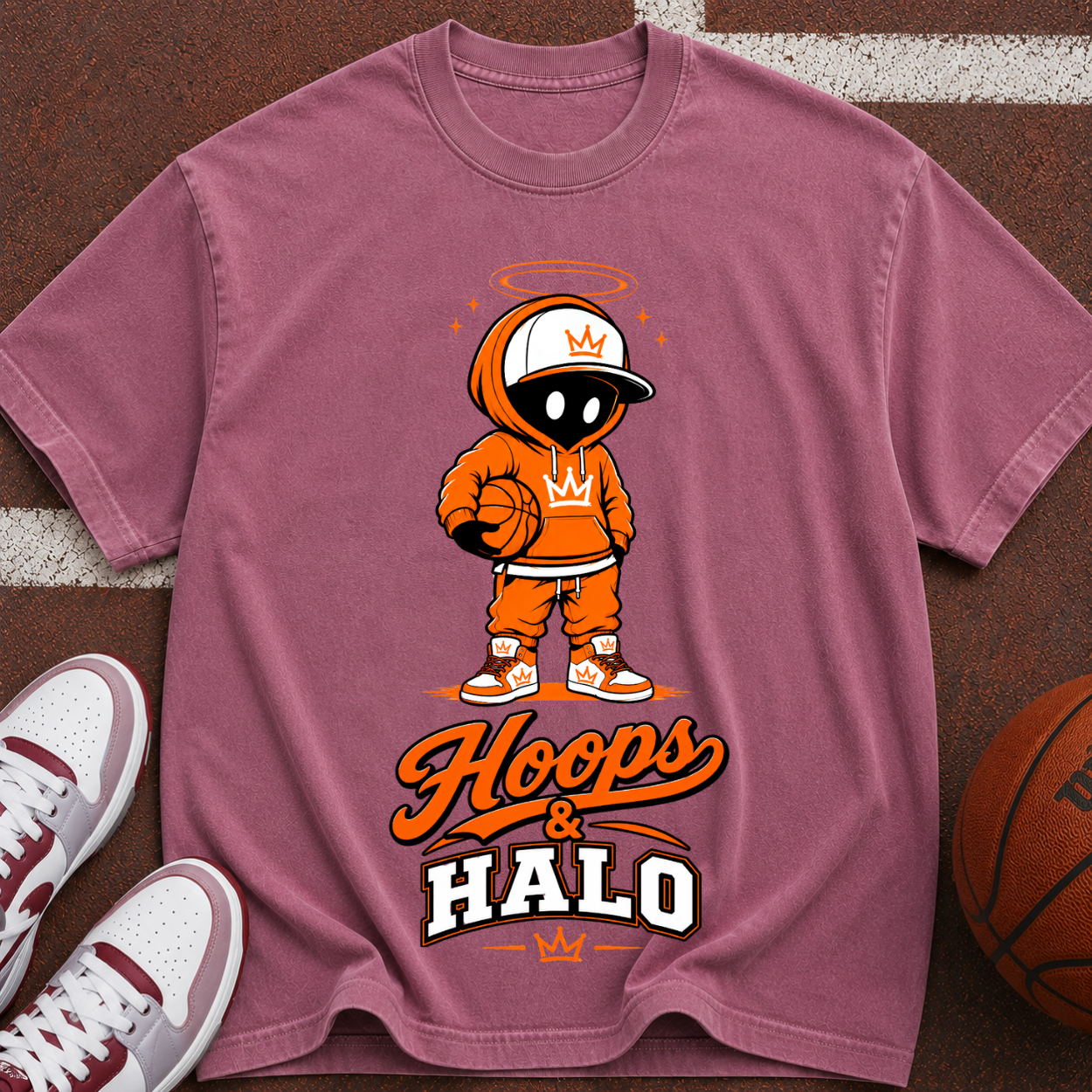 Hoops & Halo Basketball Crew T-Shirt — Retro Space Mascot Graphic