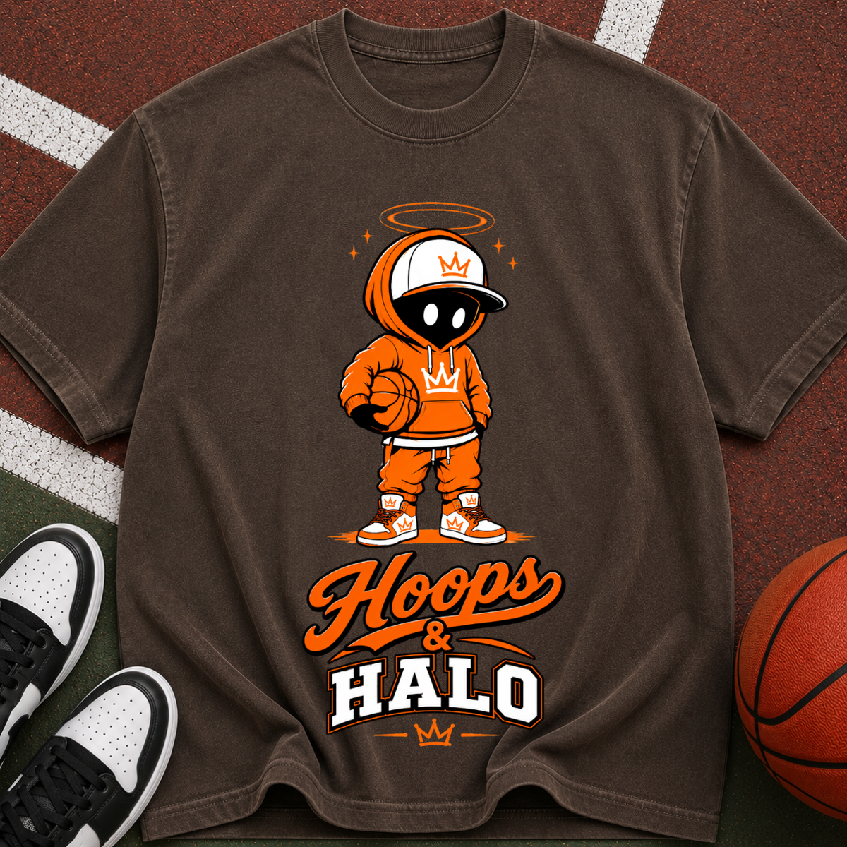 Hoops & Halo Basketball Crew T-Shirt — Retro Space Mascot Graphic