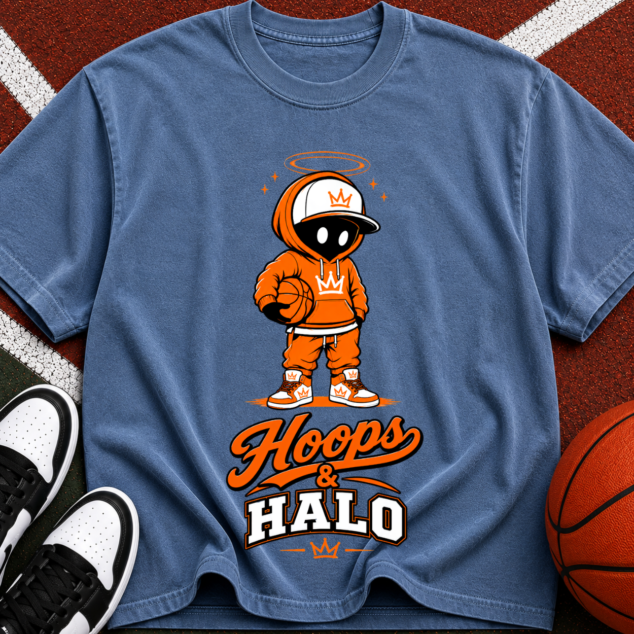 Hoops & Halo Basketball Crew T-Shirt — Retro Space Mascot Graphic