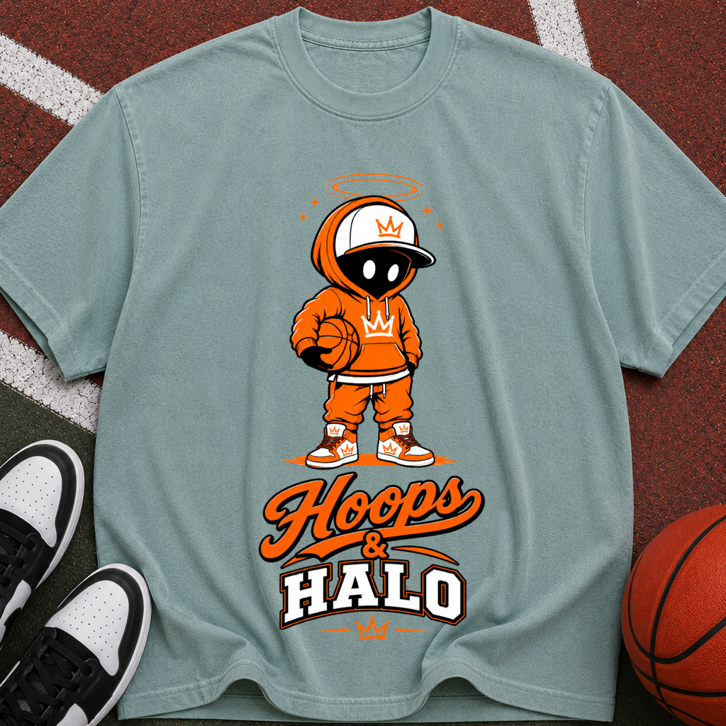 Hoops & Halo Basketball Crew T-Shirt — Retro Space Mascot Graphic
