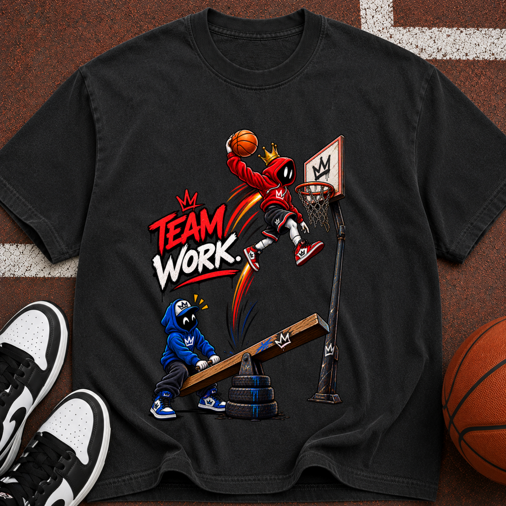 Team Work Basketball T-Shirt — Cartoon Hoop Dunk Graphic Tee
