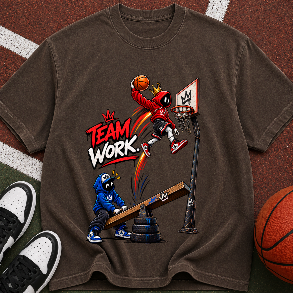 Team Work Basketball T-Shirt — Cartoon Hoop Dunk Graphic Tee