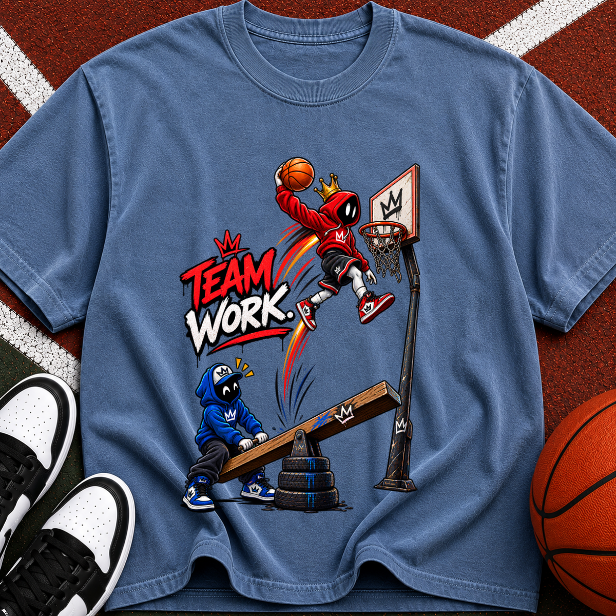 Team Work Basketball T-Shirt — Cartoon Hoop Dunk Graphic Tee