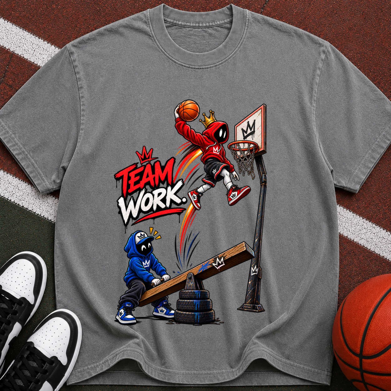 Team Work Basketball T-Shirt — Cartoon Hoop Dunk Graphic Tee