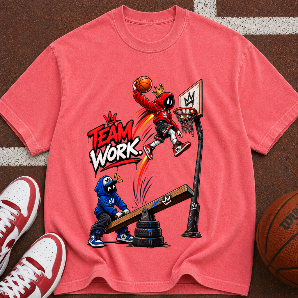 Team Work Basketball T-Shirt — Cartoon Hoop Dunk Graphic Tee