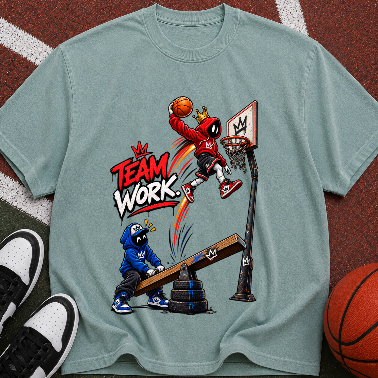 Team Work Basketball T-Shirt — Cartoon Hoop Dunk Graphic Tee