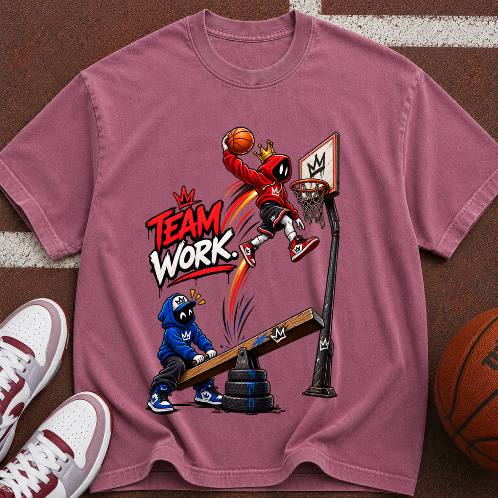 Team Work Basketball T-Shirt — Cartoon Hoop Dunk Graphic Tee