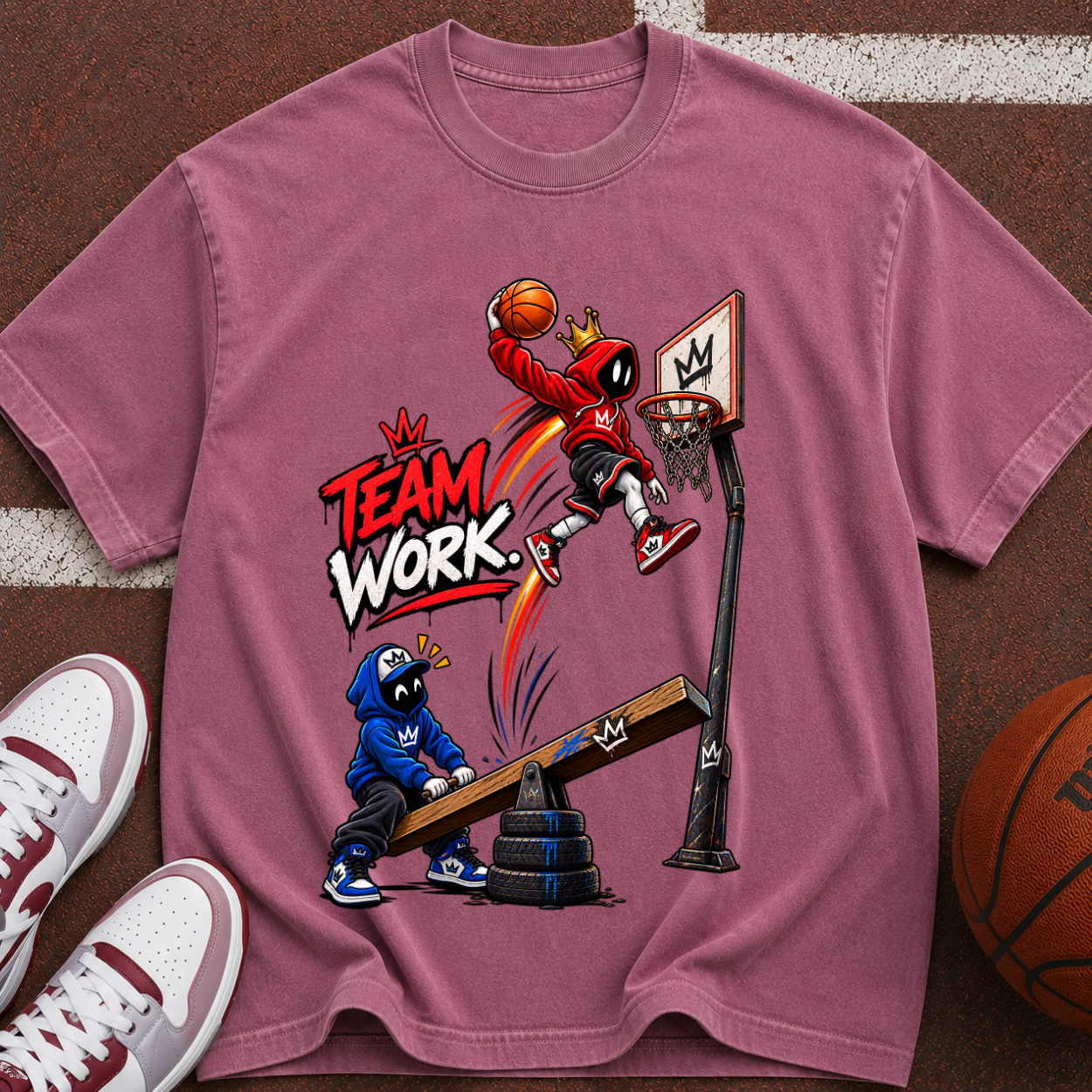 Team Work Basketball T-Shirt — Cartoon Hoop Dunk Graphic Tee