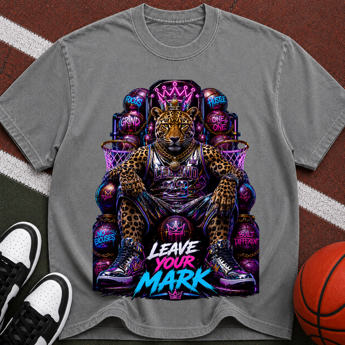 Leave Your Mark Lion Throne T‑Shirt — Retro Neon Motivational Graphic Tee