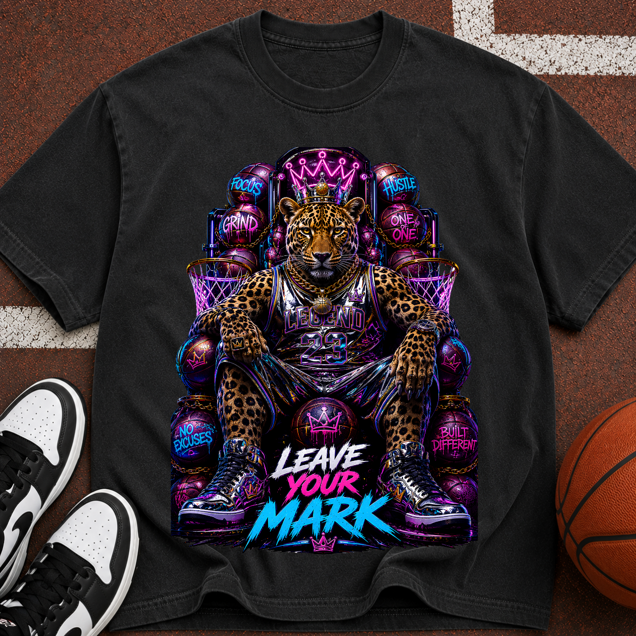 Leave Your Mark Lion Throne T‑Shirt — Retro Neon Motivational Graphic Tee