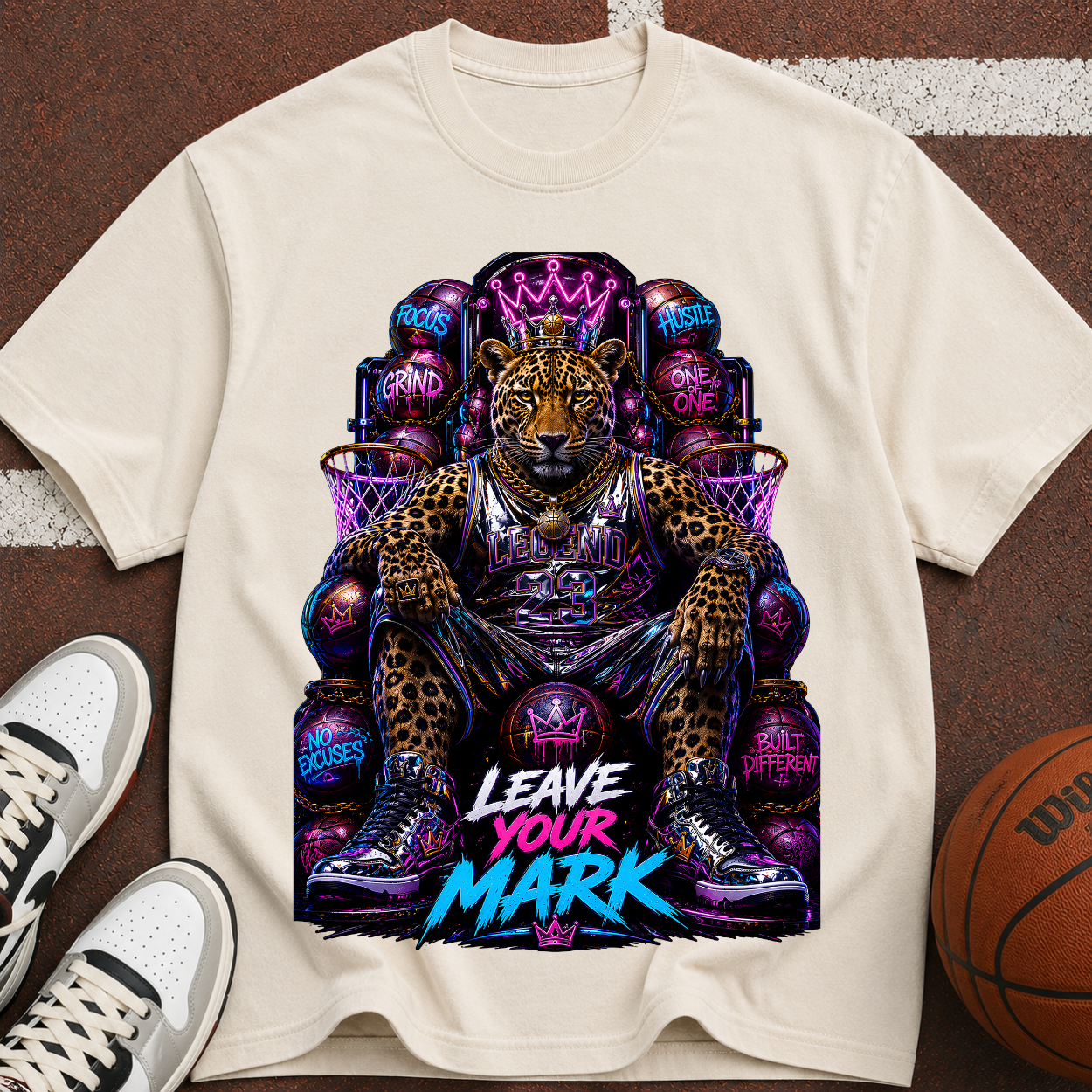 Leave Your Mark Lion Throne T‑Shirt — Retro Neon Motivational Graphic Tee