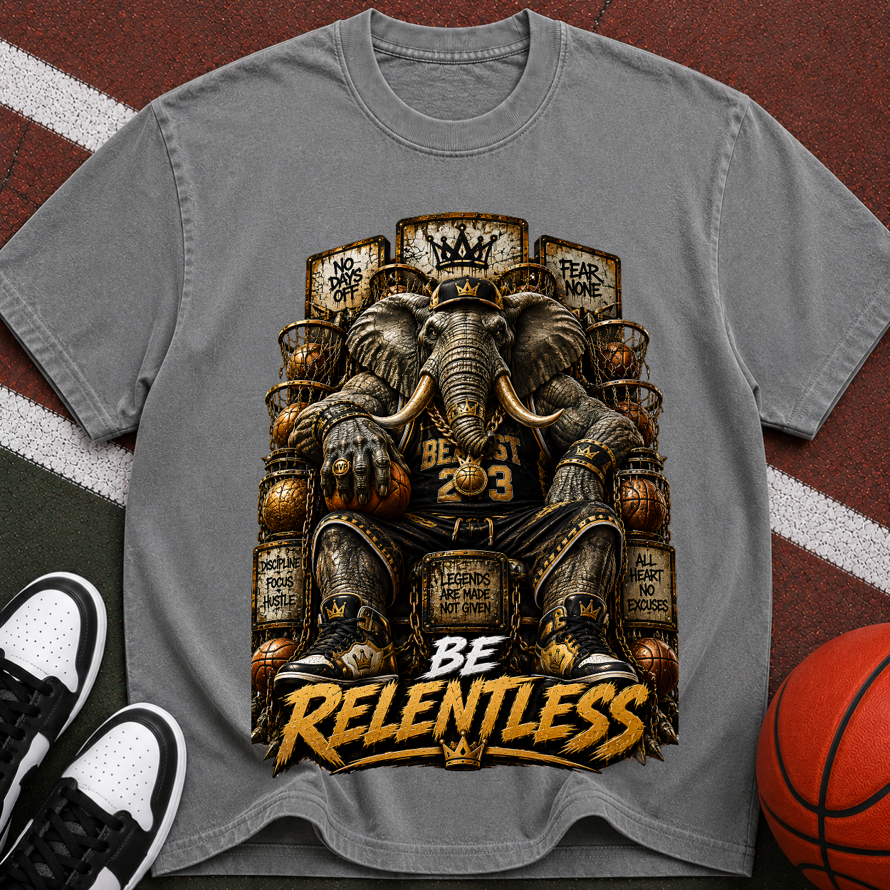 Be Relentless T-Shirt — Motivational Elephant Throne Graphic Tee
