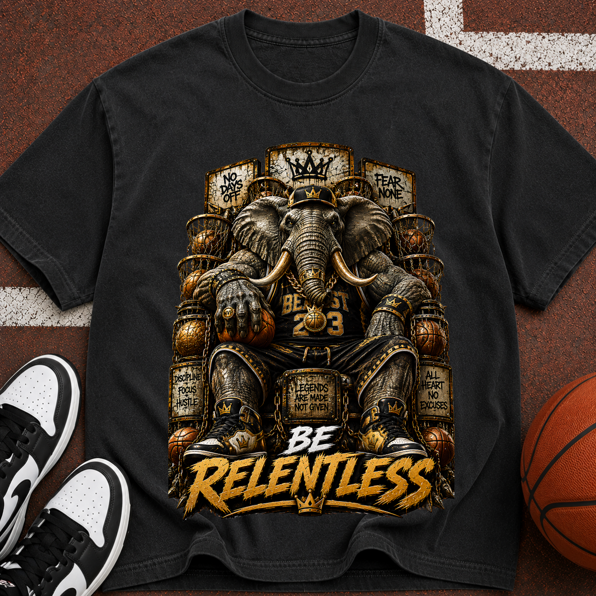 Be Relentless T-Shirt — Motivational Elephant Throne Graphic Tee