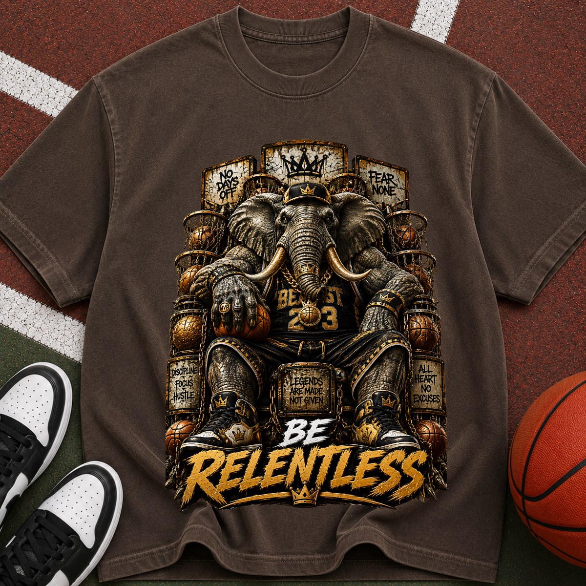 Be Relentless T-Shirt — Motivational Elephant Throne Graphic Tee