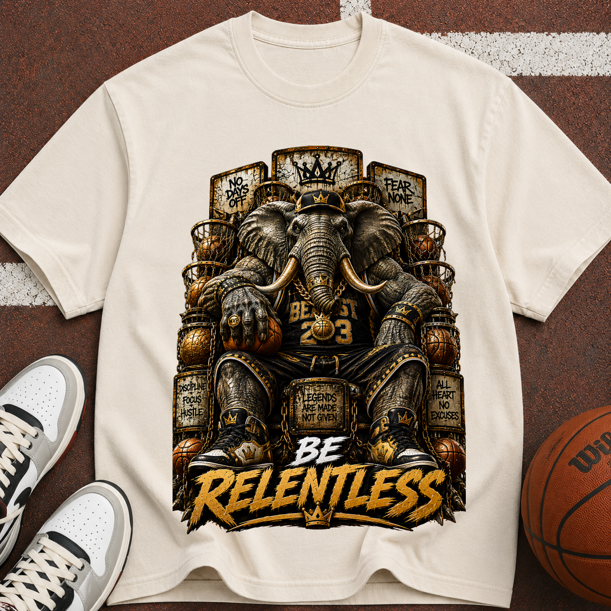 Be Relentless T-Shirt — Motivational Elephant Throne Graphic Tee