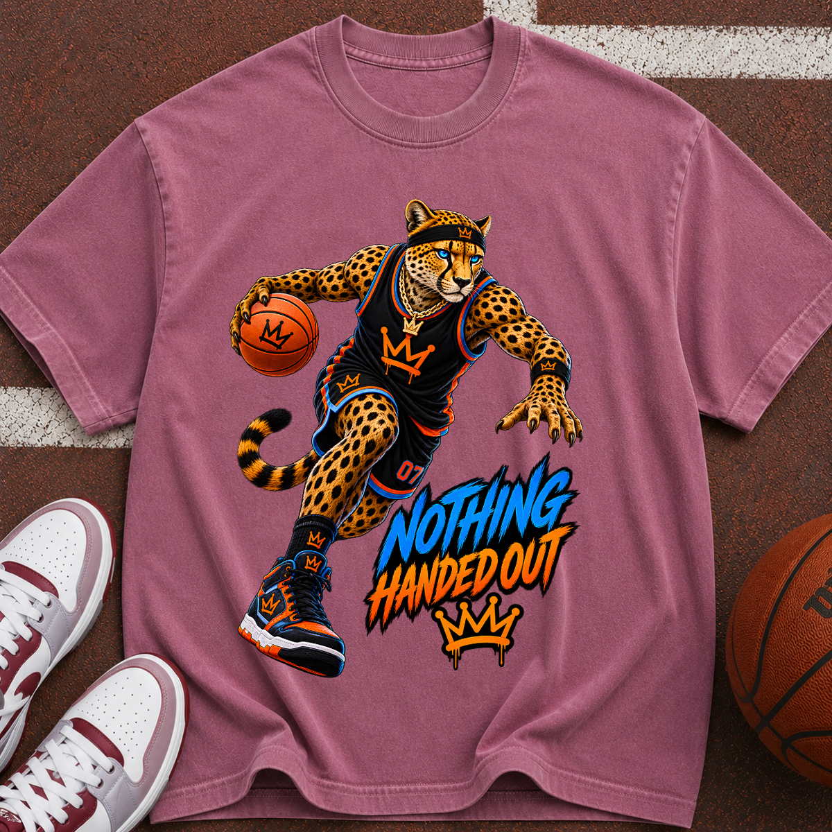 Basketball Cheetah Tee — "Nothing Handed Out" Graphic T-Shirt