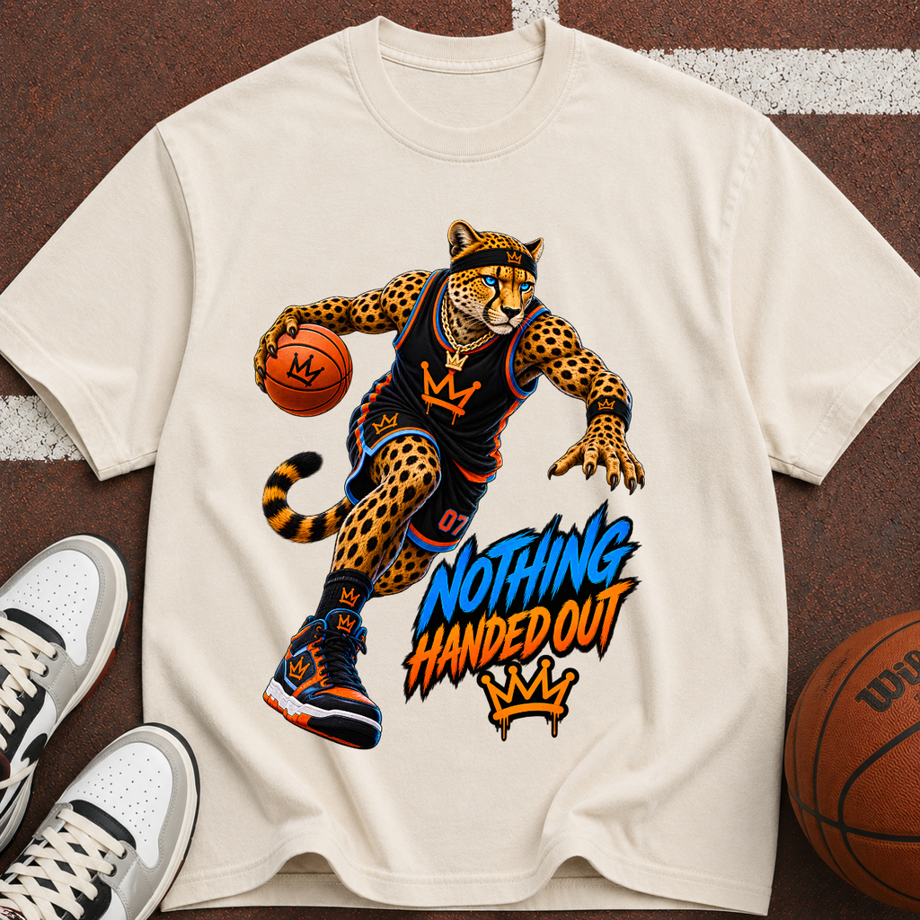 Basketball Cheetah Tee — "Nothing Handed Out" Graphic T-Shirt