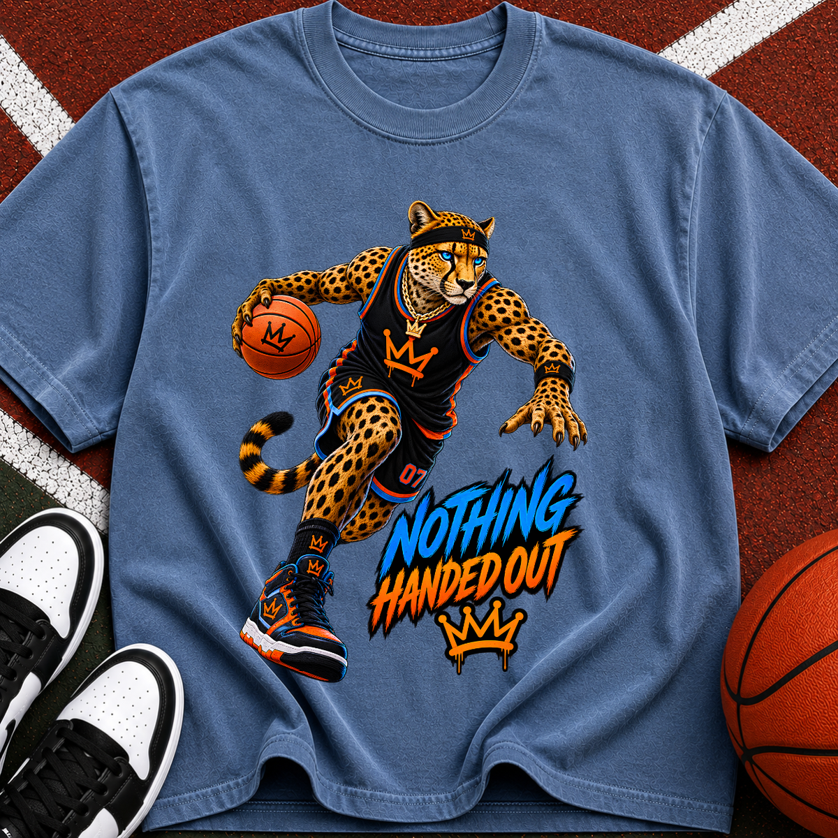 Basketball Cheetah Tee — "Nothing Handed Out" Graphic T-Shirt