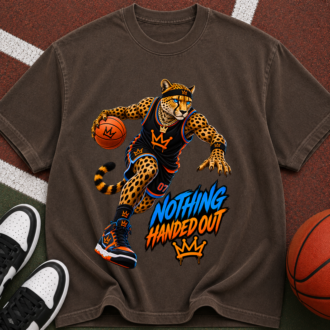 Basketball Cheetah Tee — "Nothing Handed Out" Graphic T-Shirt