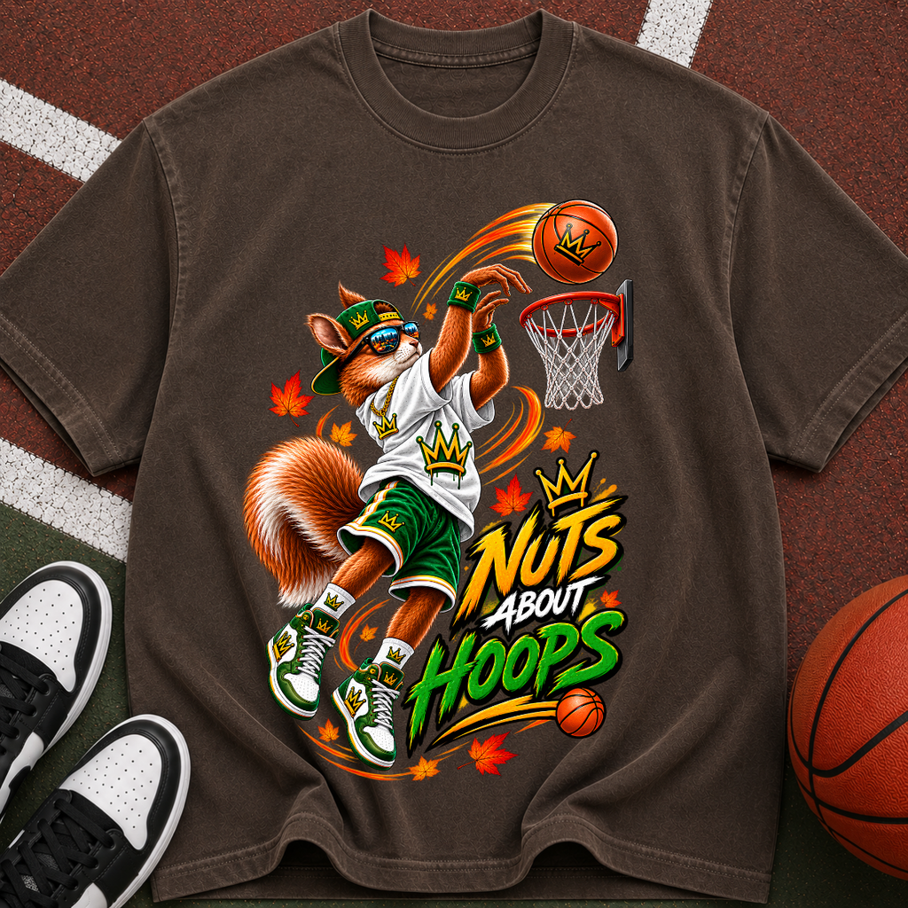 Basketball Squirrel Graphic T-Shirt — "Nuts About Hoops" Retro Sports Tee