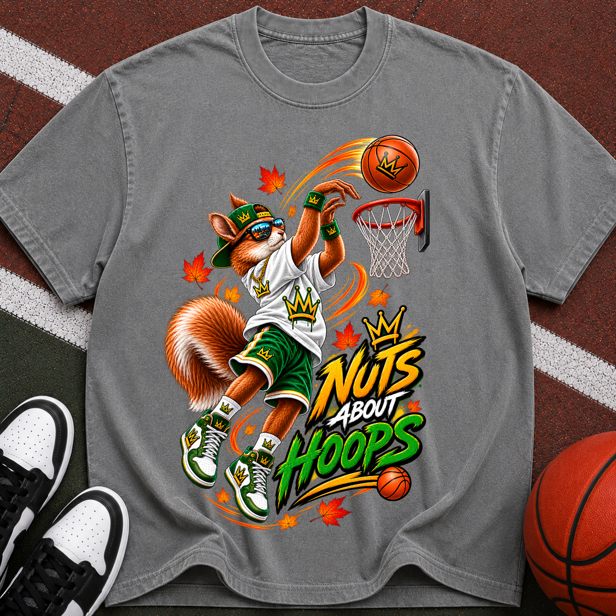 Basketball Squirrel Graphic T-Shirt — "Nuts About Hoops" Retro Sports Tee