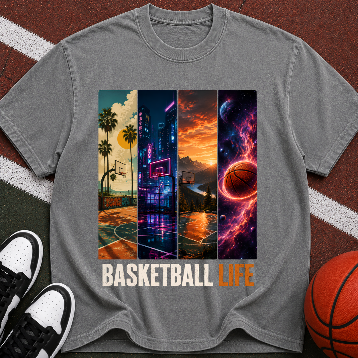 Basketball Life T-Shirt — Retro Court & Cosmic Panels Graphic Tee