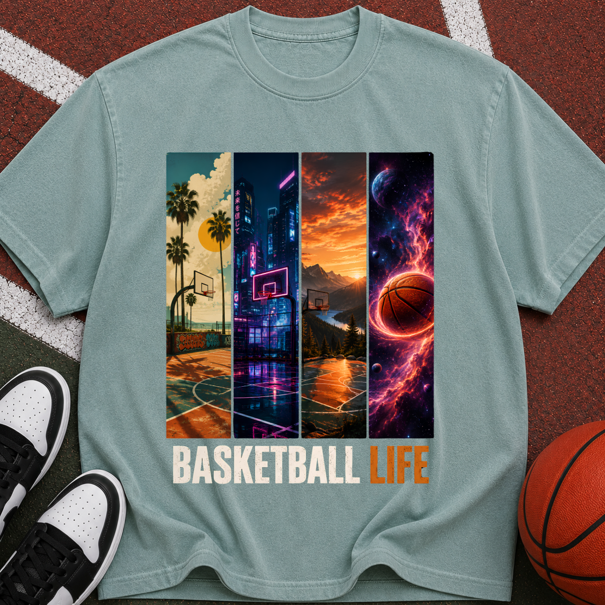 Basketball Life T-Shirt — Retro Court & Cosmic Panels Graphic Tee