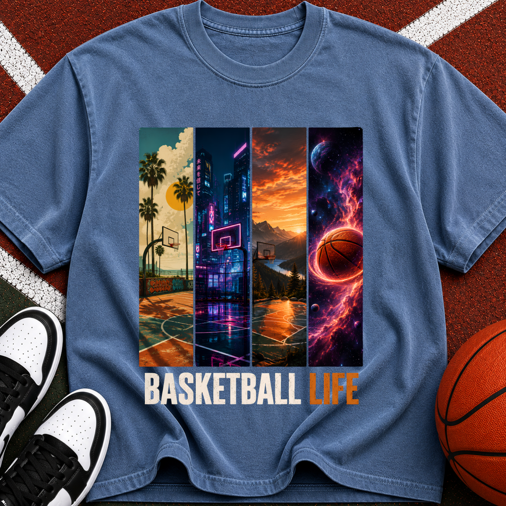 Basketball Life T-Shirt — Retro Court & Cosmic Panels Graphic Tee