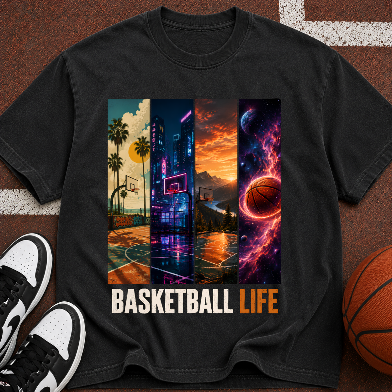 Basketball Life T-Shirt — Retro Court & Cosmic Panels Graphic Tee