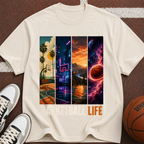 Basketball Life T-Shirt — Retro Court & Cosmic Panels Graphic Tee