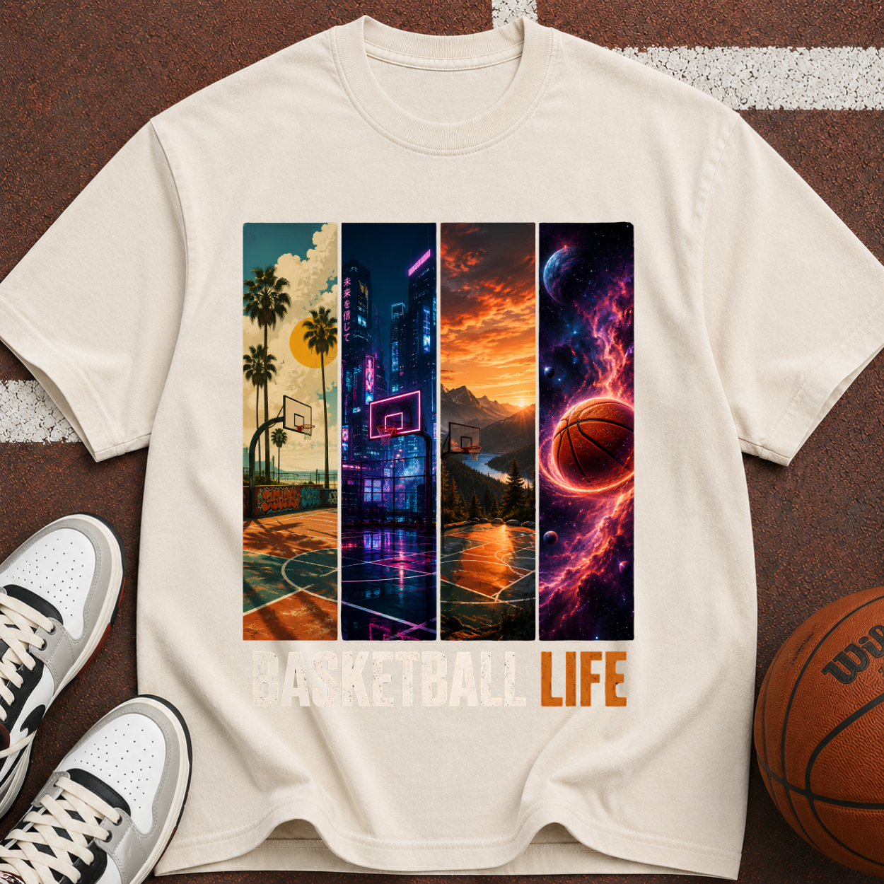 Basketball Life T-Shirt — Retro Court & Cosmic Panels Graphic Tee