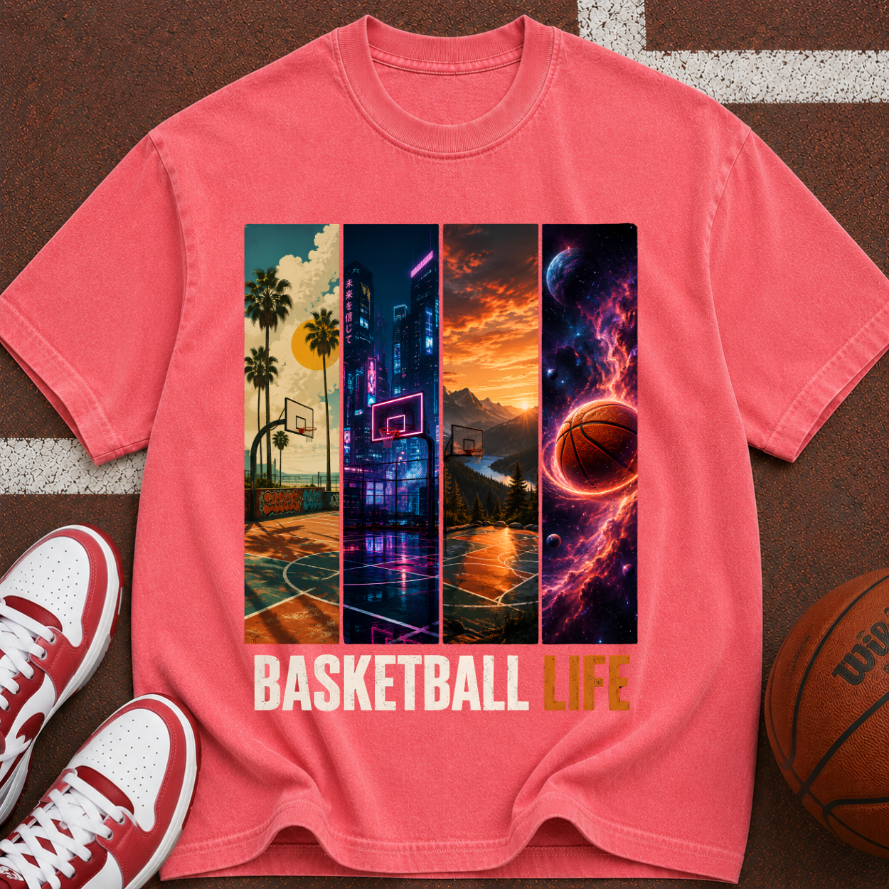 Basketball Life T-Shirt — Retro Court & Cosmic Panels Graphic Tee