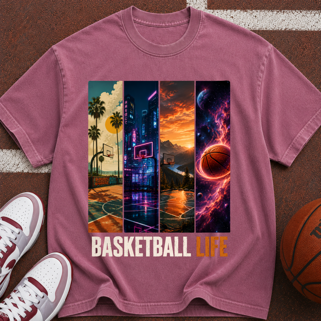 Basketball Life T-Shirt — Retro Court & Cosmic Panels Graphic Tee