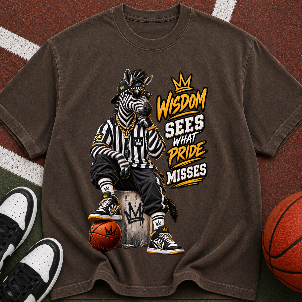 Basketball Zebra Graphic T-Shirt — “Wisdom Sees What Pride Misses” Streetwear Tee