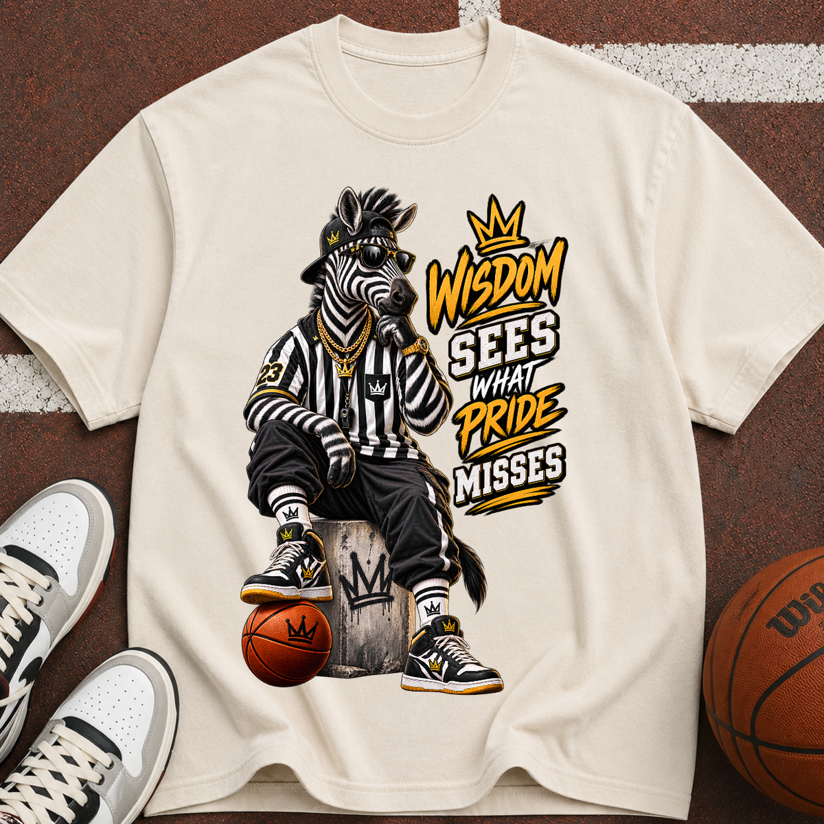 Basketball Zebra Graphic T-Shirt — “Wisdom Sees What Pride Misses” Streetwear Tee