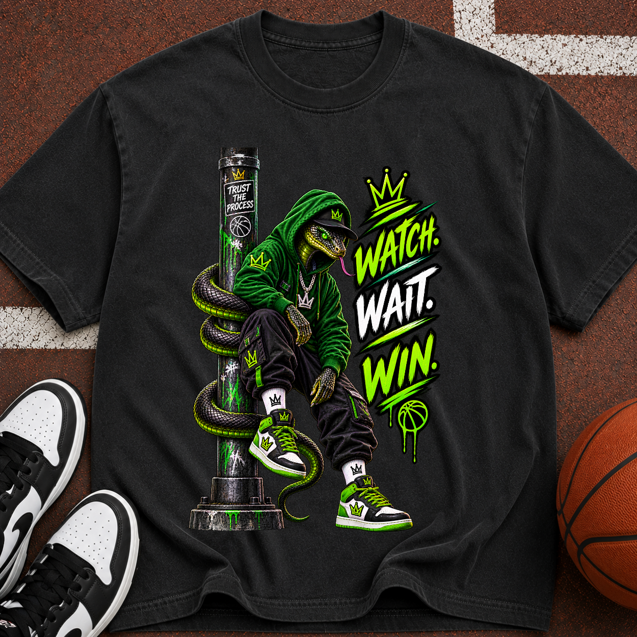 Watch. Wait. Win. Graphic T‑Shirt — Streetwear Snake King Design