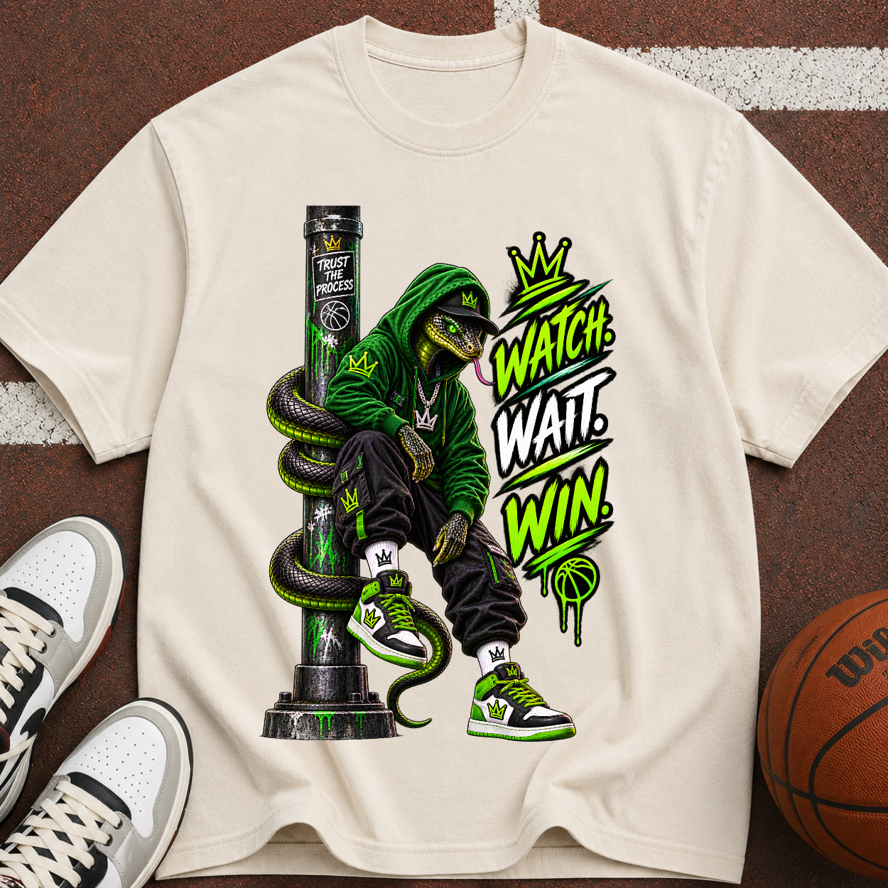 Watch. Wait. Win. Graphic T‑Shirt — Streetwear Snake King Design